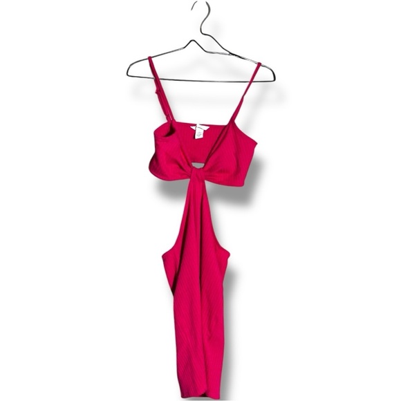 H&M Bold Fuchsia Sleeveless V-Neck Side Cutouts Ribbed Textured Mini Dress - Picture 15 of 15